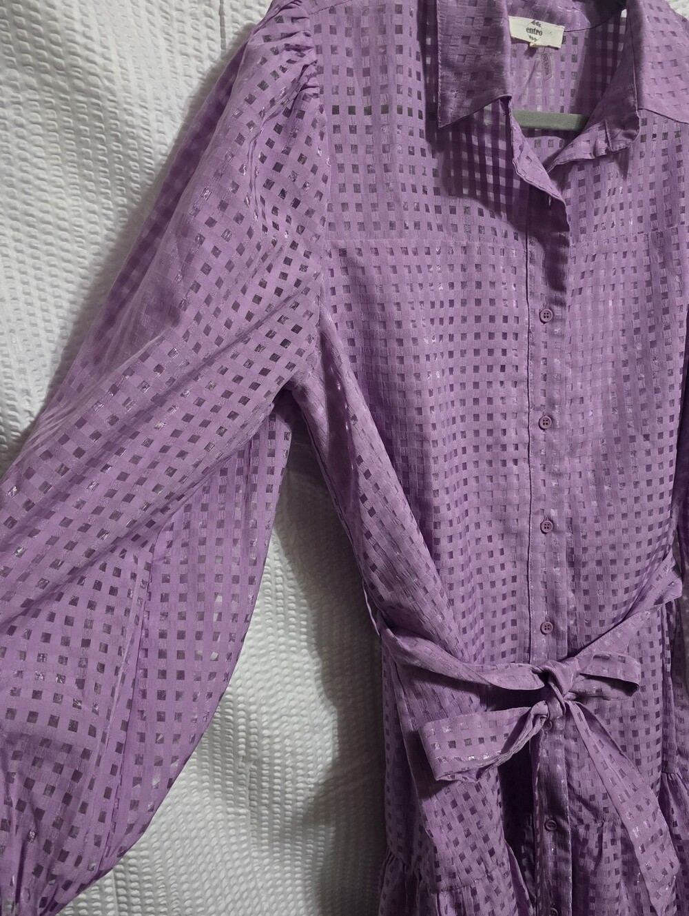 Purple Eyelet Sheer Tiered Shirt Dress with Tie Waist – L